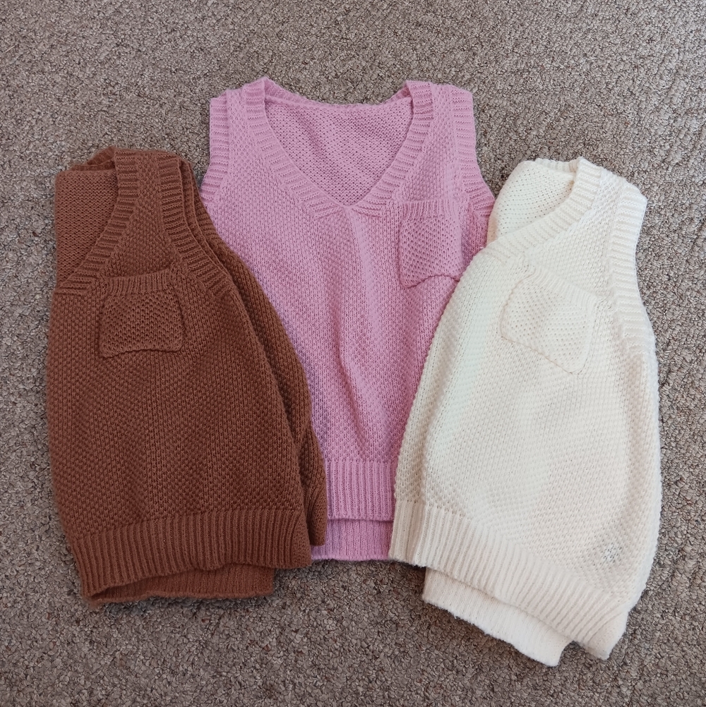Pink, Brown, and Cream Knit Sweater Vests